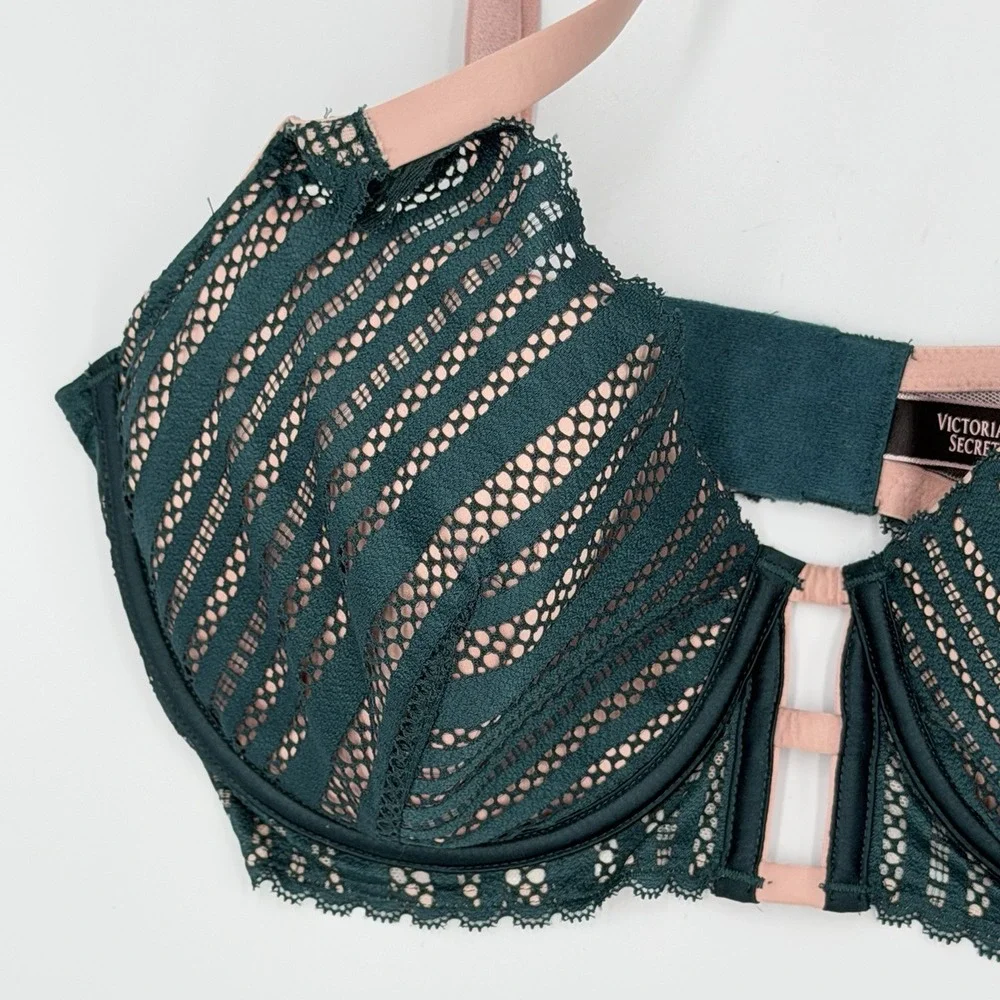 Victoria's Secret 34DD Lined Plunge Lace Bra Green Pink Cutout‎